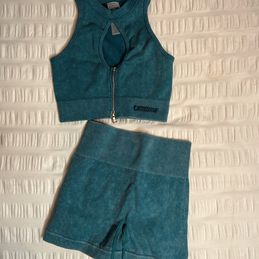 Bo + Tee Oh Polly Teal Ribbed Shorts Set